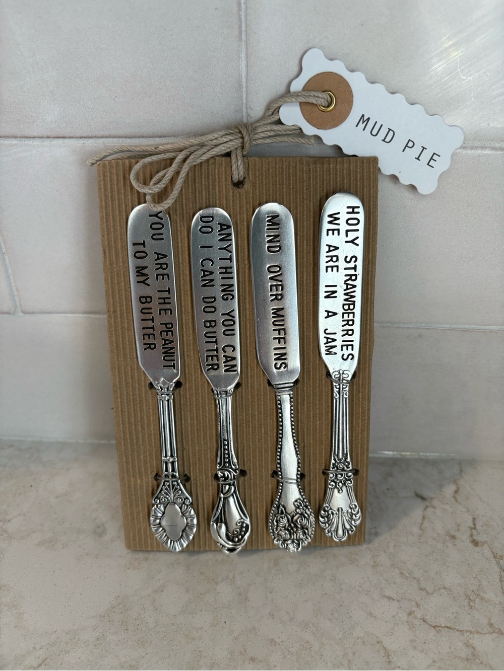 Mud Pie Silver Stamped Butter Spreader Set - 4 Decorative Fun Handles. NEW!
